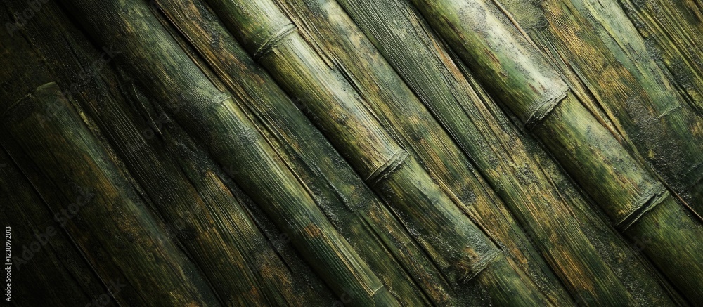Aufkleber Bamboo texture background with green and brown tones arranged diagonally with natural patterns and copy space for text placement