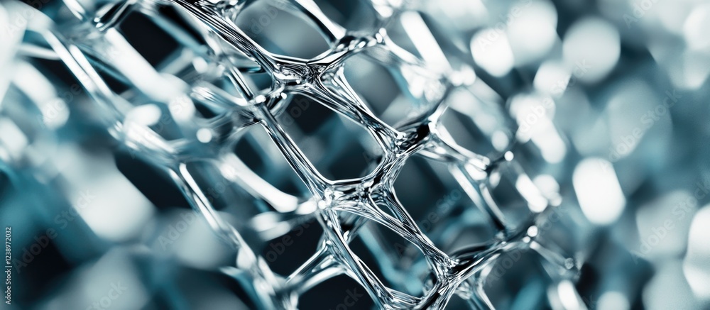 Poster close-up of a transparent honeycomb structure with intricate web-like patterns and soft reflections 