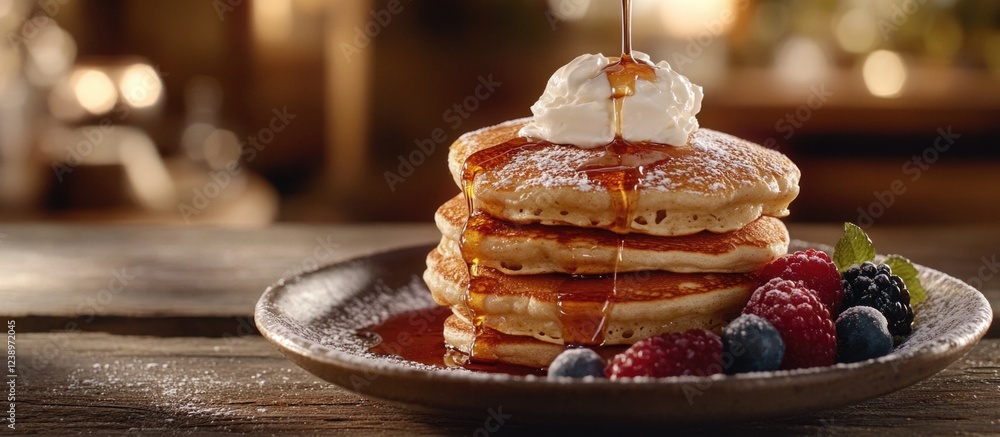 Poster stack of fluffy pancakes topped with syrup and whipped cream on a rustic wooden table with mixed ber