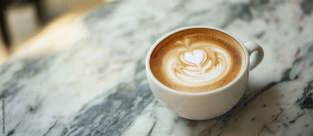 Poster Latte art in a white cup on a marble table with soft focus background and natural light Copy Space