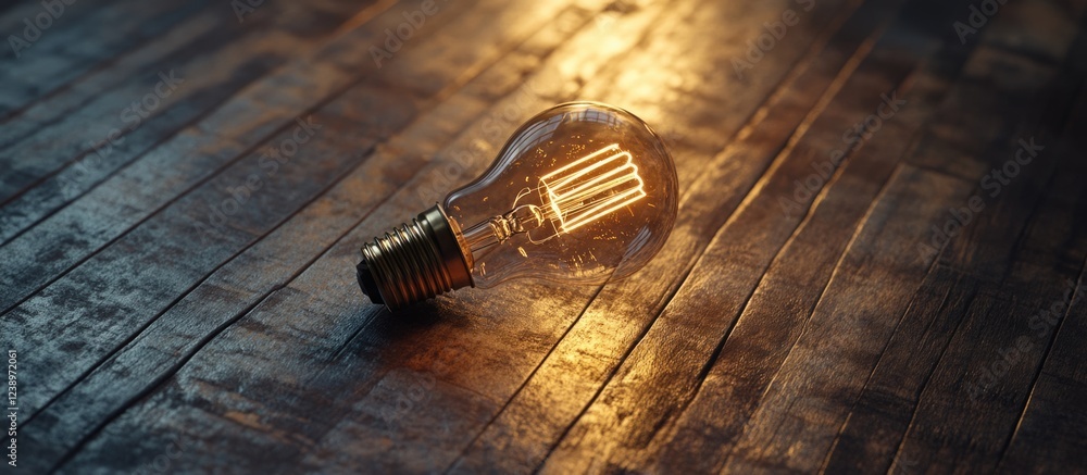 Poster close-up of illuminated vintage light bulb resting on textured wooden surface with warm lighting and