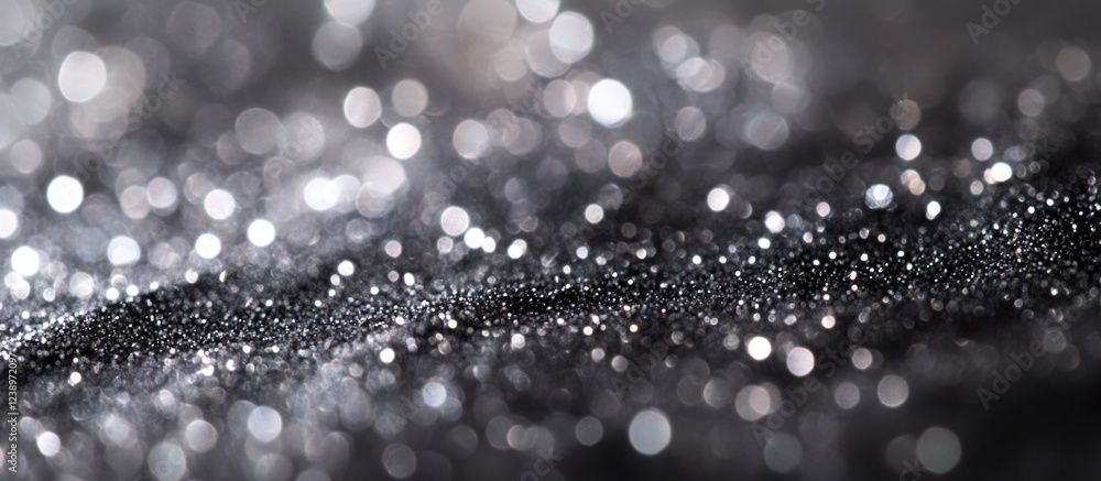 Poster black and silver glitter background with bokeh effect shallow depth of field and copy space for text
