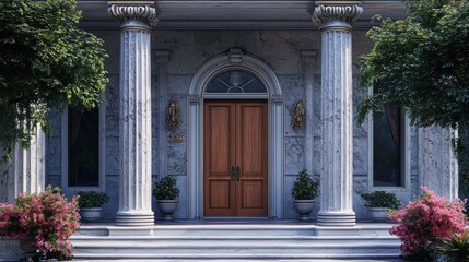 Elegant Mansion Entrance With Grand Columns And Door
