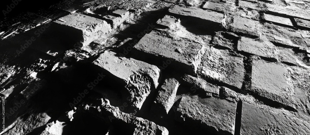 Poster textured stone wall surface in black and white with dramatic shadows and highlights showcasing uneve