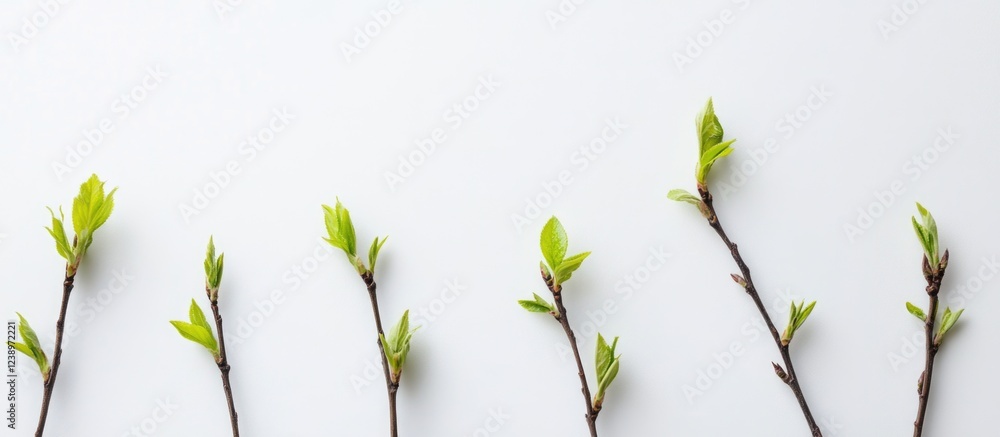 Poster fresh green leaves on branches arranged on a white background with ample copy space for text placeme