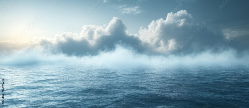 Poster calm ocean surface with gentle waves under a cloudy sky during early morning light with soft misty f