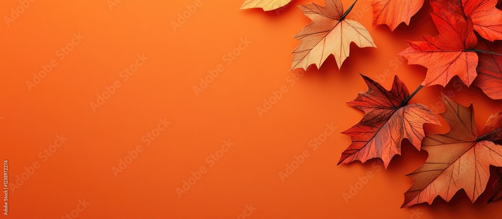 Poster autumn leaves on vibrant orange background with copy space for text or graphics