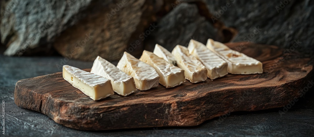 Poster Sliced brie cheese on a rustic wooden board with stone background and copy space for text