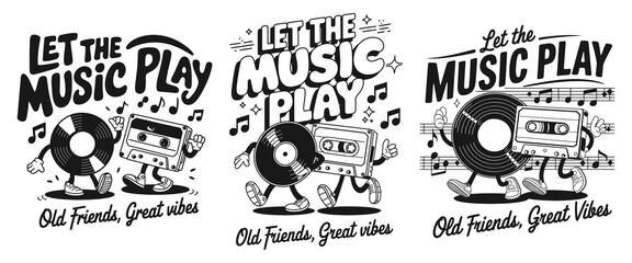 Fototapeta premium Fun and Nostalgic 'Let the Music Play' T-Shirt Design Featuring Retro Cassette and Vinyl Graphics, Perfect for Music Lovers and Friends Who Cherish Great Vibes and Memorable Moments