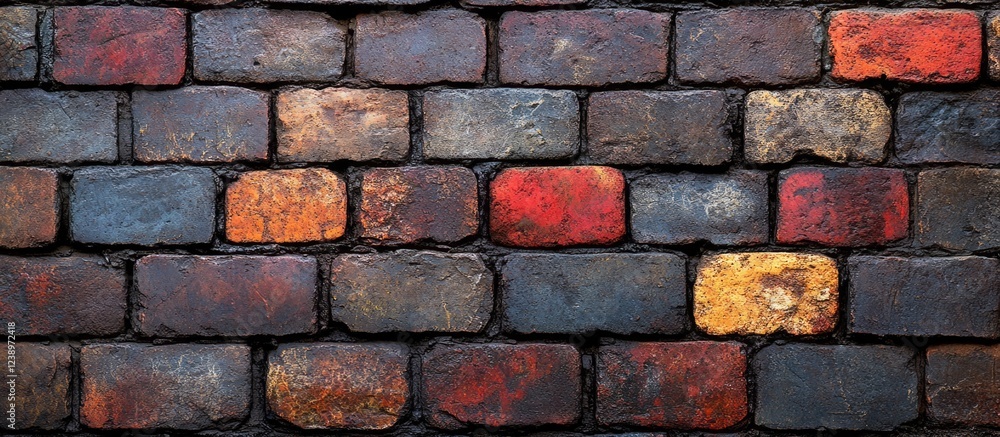 Poster Textured wall of multicolored weathered bricks in shades of red brown and gray with varying patterns suitable for backgrounds or construction themes Copy Space