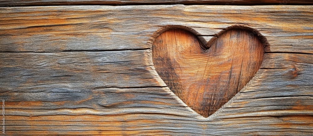 Poster carved heart shape in wooden surface on rustic weathered wood with natural texture showing grain and