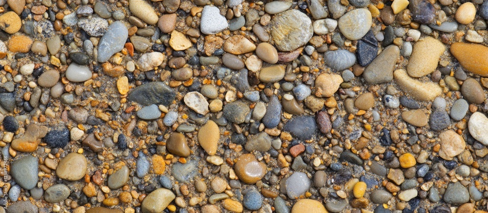 Poster Colorful gravel and pebbles texture background with various sizes and shapes suitable for use in design projects with Copy Space