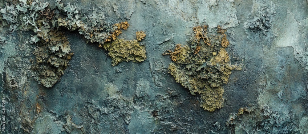 Poster Textured close-up of weathered surface with colorful lichen moss patterns in earthy tones ideal for backgrounds. Copy Space