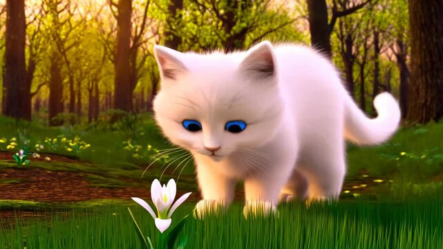 A funny Kitten is curious with a first snowdrop. Funny anime video. Spring is coming, nature and cat in the forest