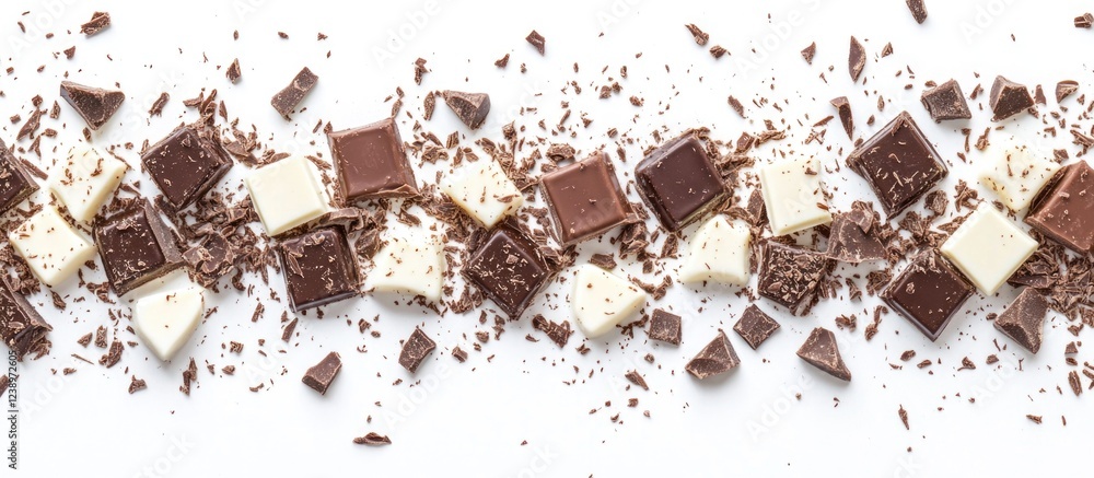 Poster Assorted chocolate squares and shavings on white background with copy space for text