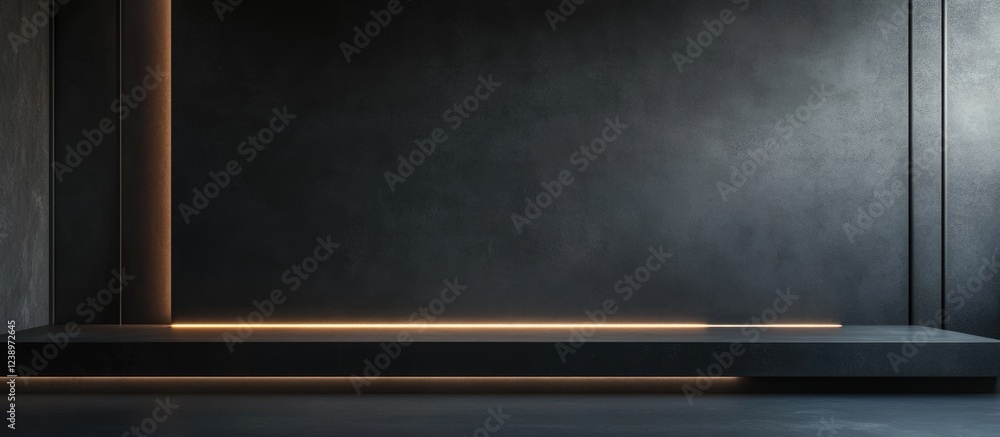 Poster minimalist dark interior with lit led strip on wall and shelf with copy space for display or product