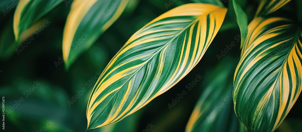 Aufkleber Green and yellow variegated tropical leaves close-up with textured patterns suitable for background or design use Copy Space
