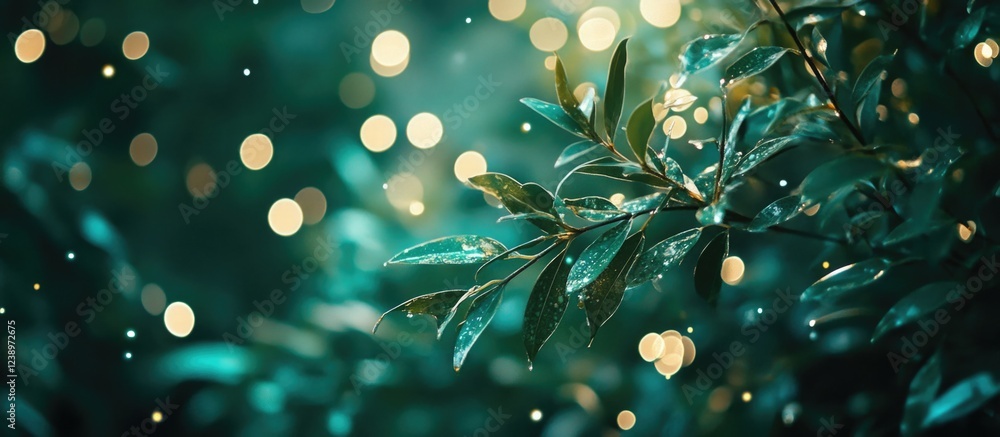 Aufkleber Close-up of green leaves with dew drops on branch against a blurred background with bokeh lights Copy Space