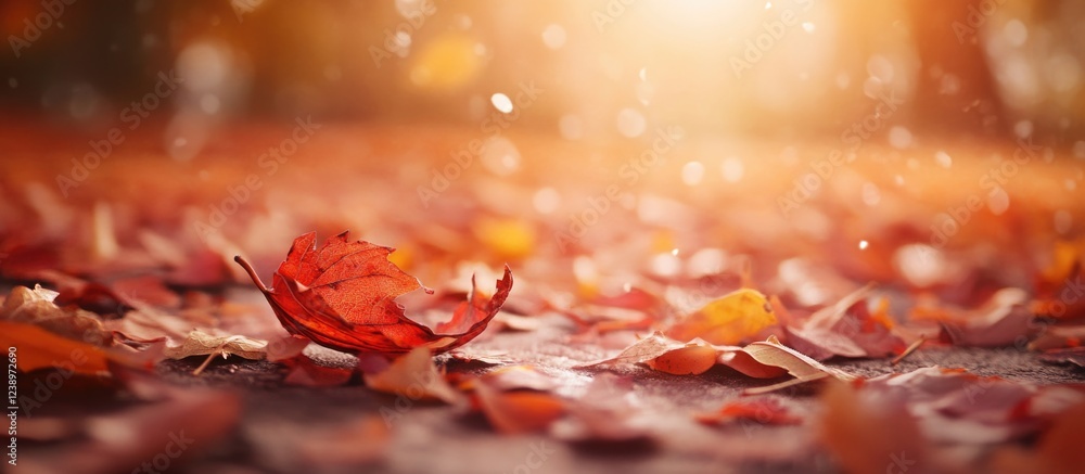 Poster Close-up of red maple leaf on ground covered with colorful autumn leaves with warm sunlight and soft bokeh effect in background, Copy Space