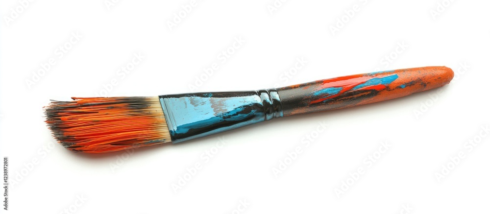 Poster Paint brush with colorful bristles and paint stains on the handle isolated on white background with Copy Space