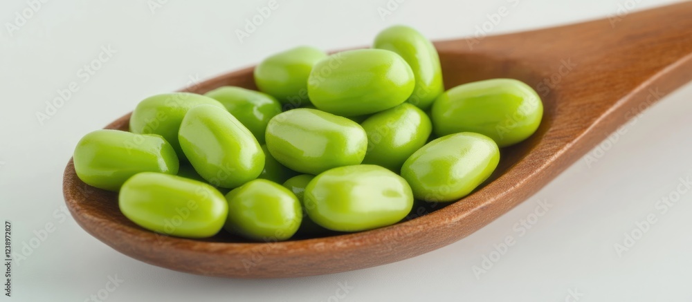 Poster green soybeans on a wooden spoon against a light background ideal for food-themed compositions with 