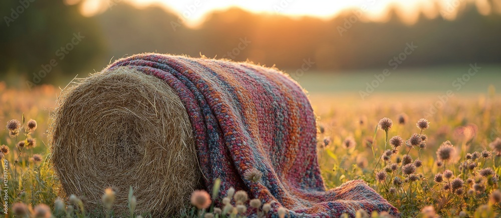 Poster Hay bale covered with a colorful blanket in a meadow during sunset with soft light and blurred background Copy Space
