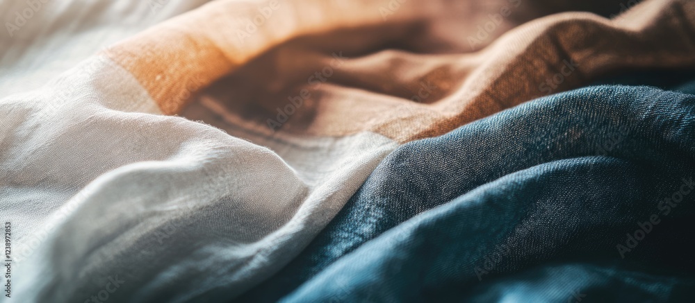 Aufkleber Close-up of textured fabric layers in various colors with soft lighting and natural folds, ideal for background use, Copy Space