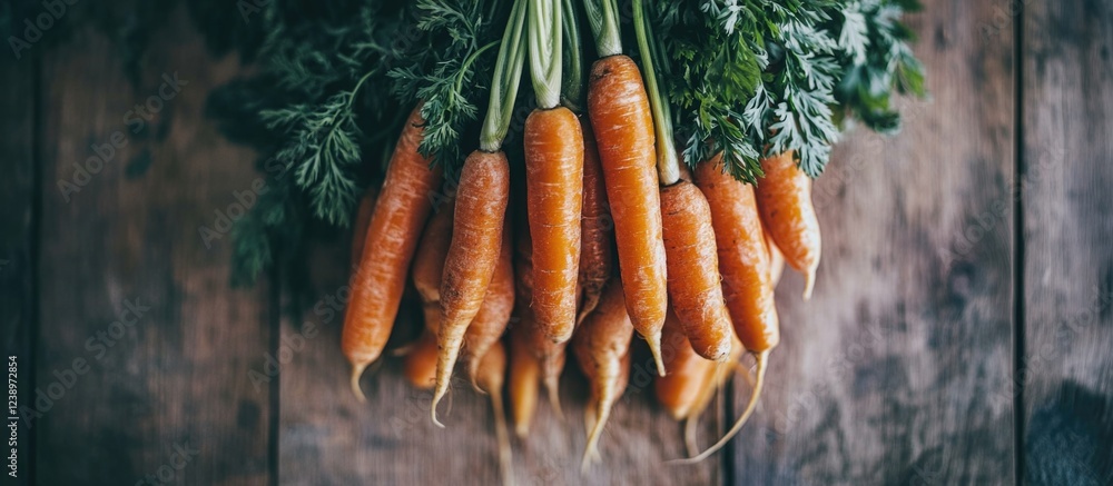 Poster freshly harvested orange carrots with green tops arranged on a rustic wooden surface with copy space