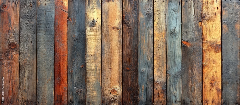 Poster multicolored wooden planks wall texture with varying shades and wood grain visible ideal for backgro