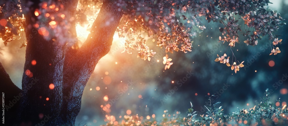 Poster Illuminated tree trunk with sun rays shining through leaves, soft bokeh background, warm colors, nature scene with copy space