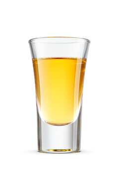 Golden tequila shot or yellow alcoholic drink isolated. Transparent PNG image.