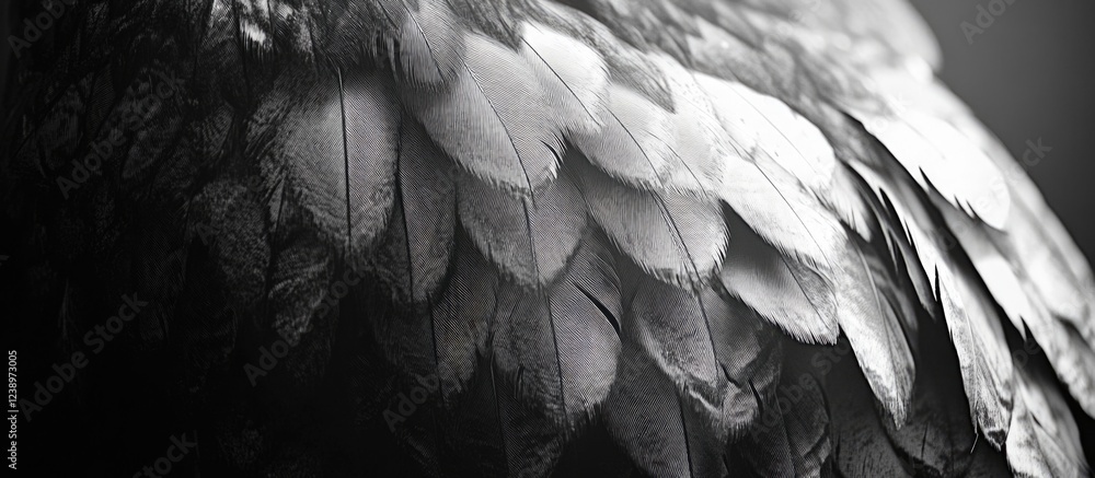 Poster Close-up of black and white textured bird feathers with a focus on the intricate details and patterns on the plumage Copy Space