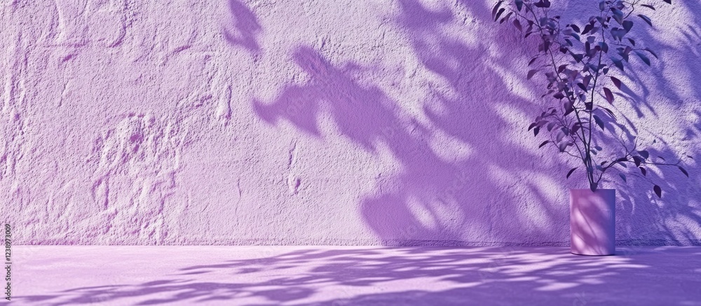 Poster purple textured wall with soft shadows from a potted plant, minimalist art composition with copy spa