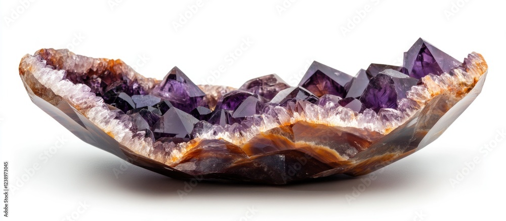 Poster amethyst crystal geode with sharp purple points and a natural brown exterior on a white background w