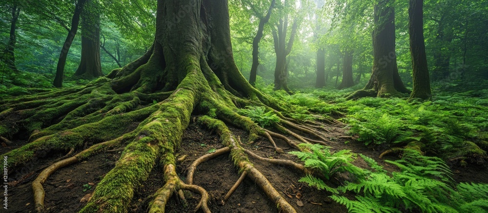Poster Moss-covered tree roots in a misty forest with ferns and soft light filtering through the trees, nature landscape with Copy Space