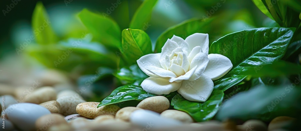 Poster white flower on green leaves surrounded by smooth stones in a natural setting with blurred backgroun