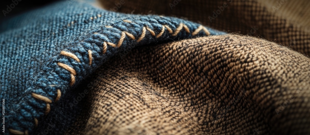 Poster close-up of textured fabric with blue and brown threads showcasing the stitching details and folds c