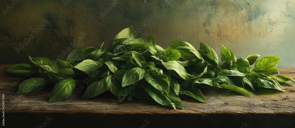 Poster freshly harvested basil leaves arranged on a rustic wooden surface with textured green background an