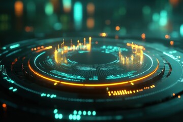 Colorful financial graph chart presents market data with glowing elements, set against a dark background, emphasizing analytics and trends