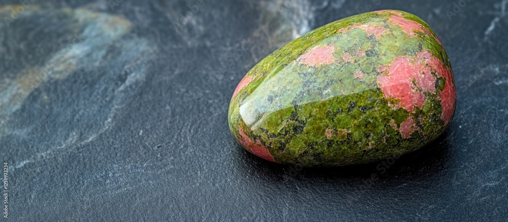 Aufkleber Polished unakite gemstone on dark stone surface with natural patterns and textures Copy Space