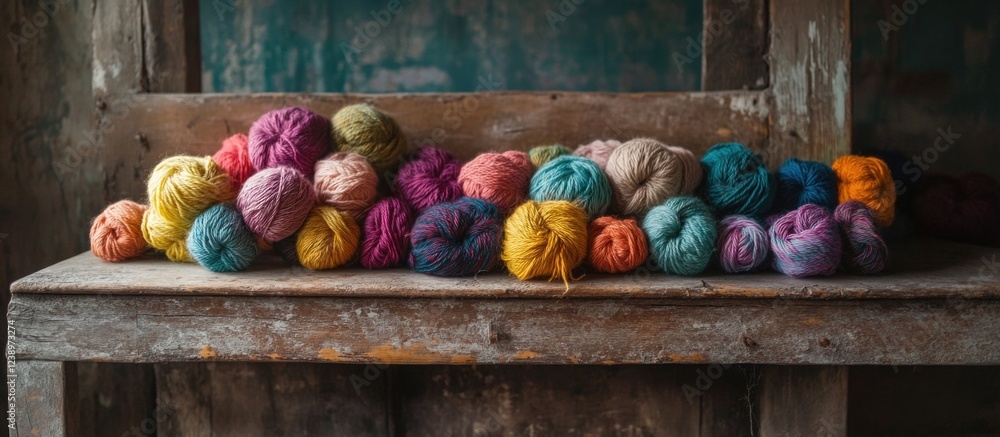 Poster Colorful skeins of yarn neatly arranged on a rustic wooden table with a textured background and ample Copy Space.