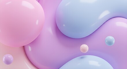 3D abstract background showcasing smooth, organic fluid shapes in pastel shades of pink, lavender, and baby blue