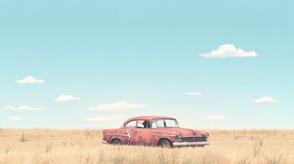 Rusty car in golden wheat field under blue sky