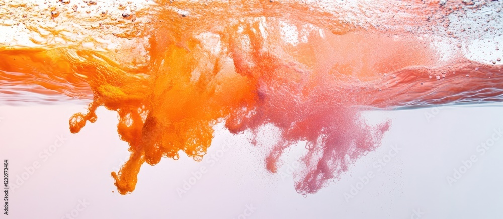 Poster abstract ink splash in water creating vibrant orange and pink hues with bubbles on a light backgroun
