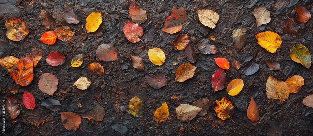 Poster colorful autumn leaves scattered on wet brown soil background with natural texture copy space