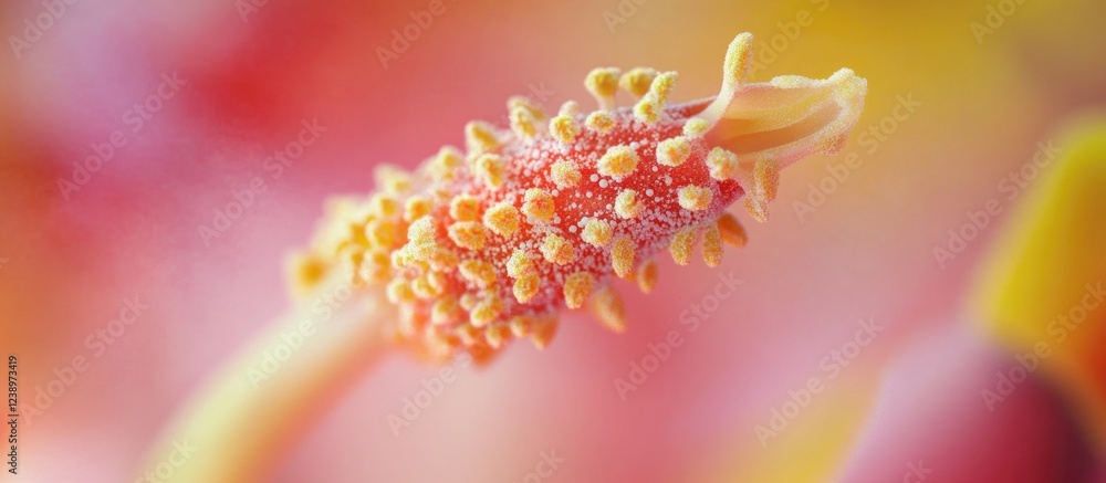 Poster close-up of a vibrant flower stamen with pollen grains against a soft colorful background, featuring