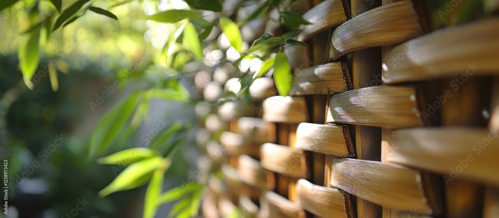 Poster bamboo wall texture with green leaves in soft focus natural background suitable for text placement c