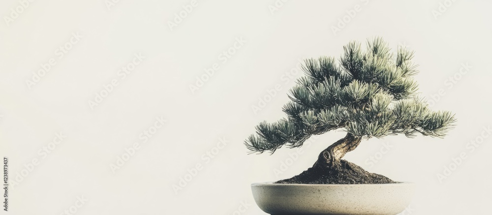 Poster bonsai tree in modern ceramic pot against light background with ample copy space for text or design 