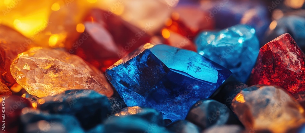 Poster colorful assortment of glittering gemstones and crystals displayed on a textured surface illuminated