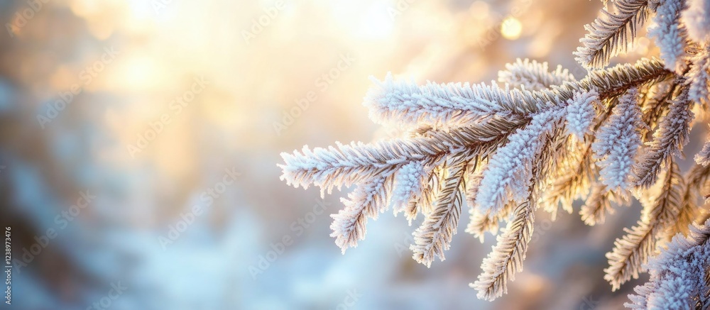 Aufkleber Frosty evergreen tree branch in sunlight with blurred winter background and copy space for text